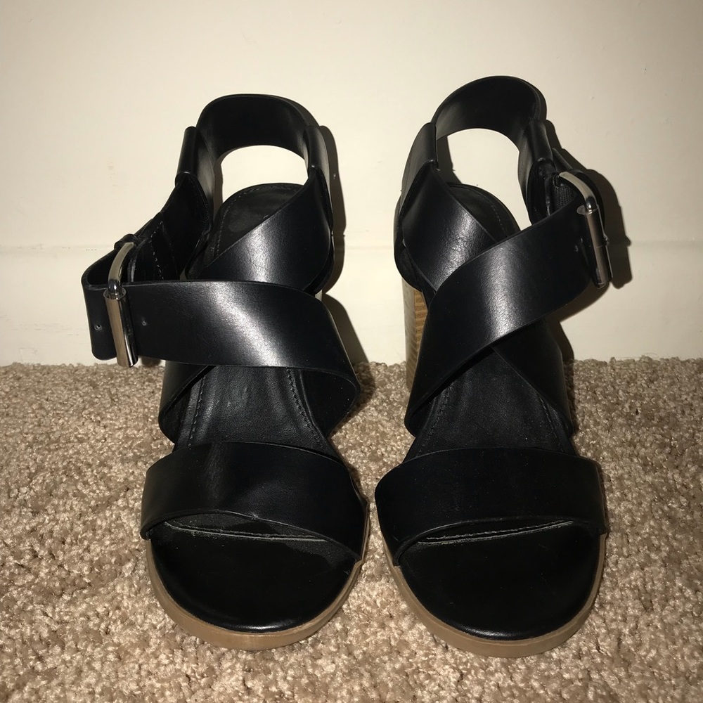 Black leather strapped Christian Siriano heels